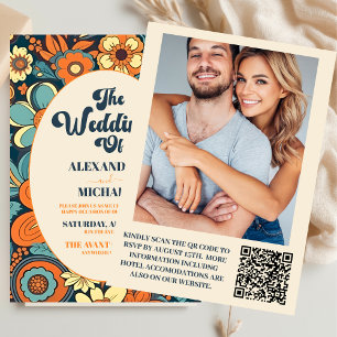 QR Code Colorful Groovy Retro 70er Floral Wedding Einladung