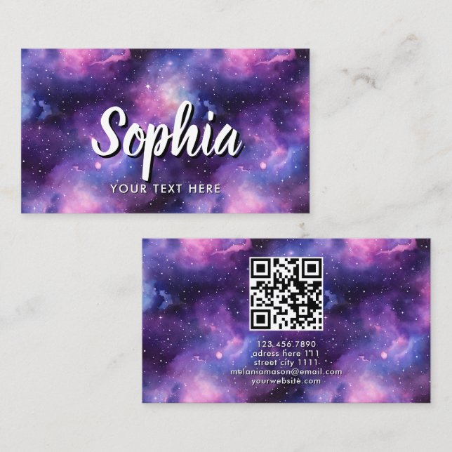 QR Code Cosmic Galaxy Stars Purple Nebula Visitenkarte (Vorne/Hinten)