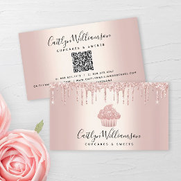 QR-Code Cupcake Bäckerei Koch Glitzer Tropfen Rose Visitenkarte