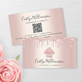 QR-Code Cupcake Bäckerei Koch Glitzer Tropfen Rose Visitenkarte