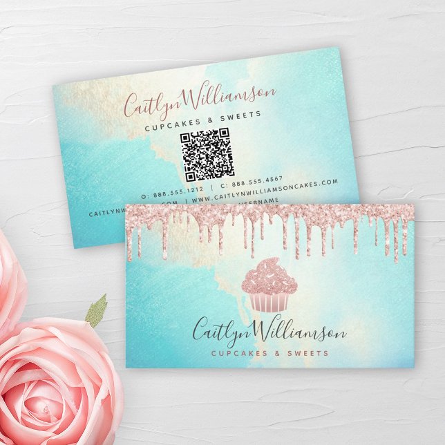 QR-Code Cupcake Pink Rose Glitzer Blue Watercolor Visitenkarte (Von Creator hochgeladen)