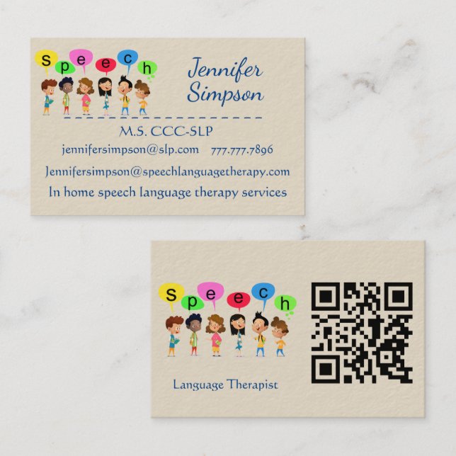 QR Code Cute Kids Cartoon Holding Speech Words Visitenkarte (Vorne/Hinten)