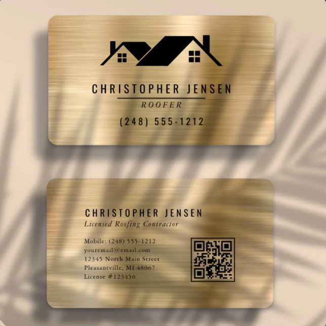 QR-Code Dachdecker Schwarz Gold Metallisch Abgerun Visitenkarte (Von Creator hochgeladen)