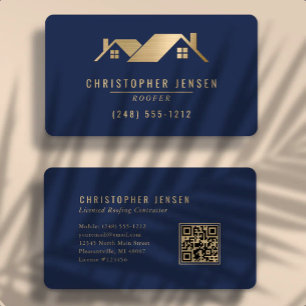 QR-Code Dachdeckerbetrieb Navyblau Gold Abgerundet Visitenkarte