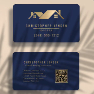 QR-Code Dachdeckerbetrieb Navyblau Gold Abgerundet Visitenkarte