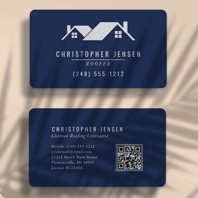 QR-Code Dachdeckerbetrieb Navyblau Grau Abgerundet Visitenkarte (Von Creator hochgeladen)