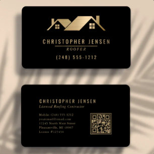 QR-Code Dachdeckerbetrieb Schwarz Gold Abgerundet Visitenkarte