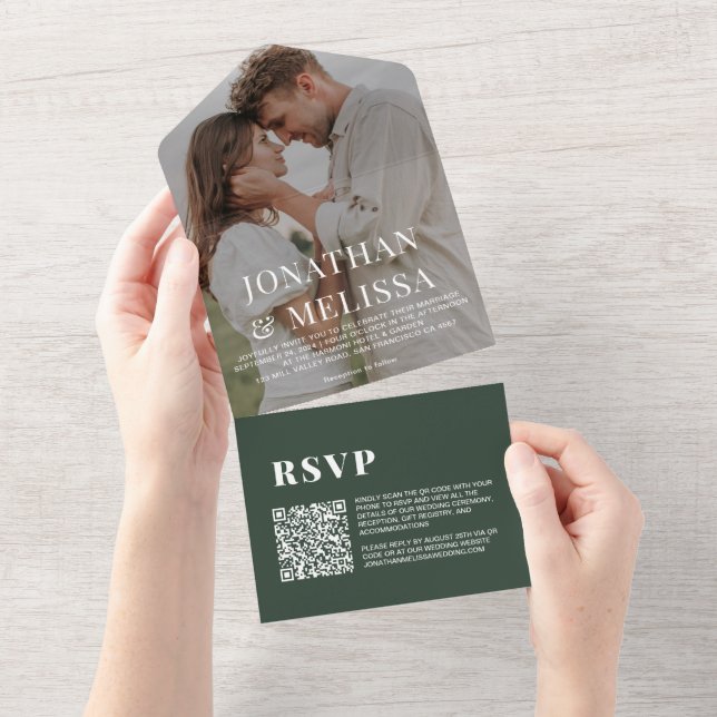 QR-Code | Dark Green Simple Overlay Foto Wedding All In One Einladung (Abreißen)