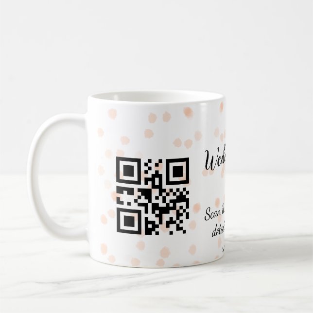 QR-Code der Hochzeitwebsite für Details orange Kaffeetasse (Links)