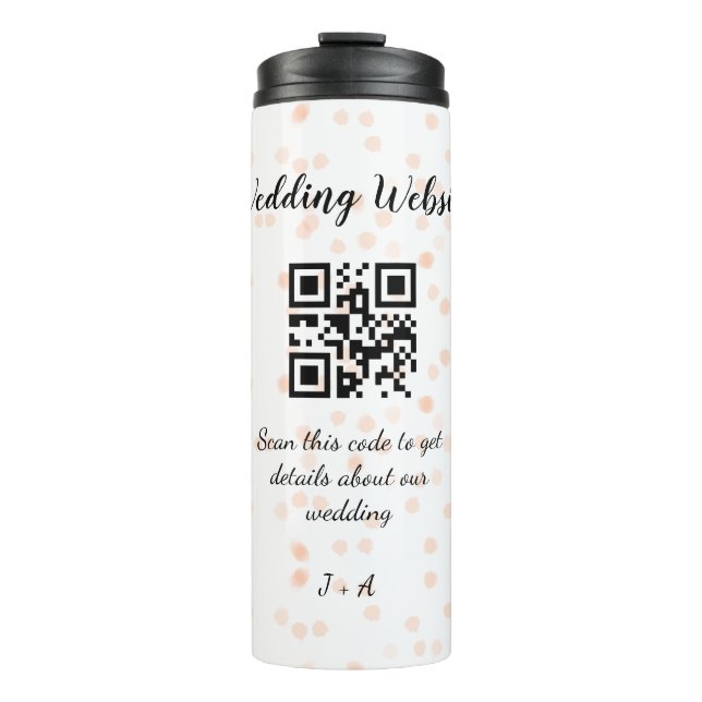 QR-Code der Hochzeitwebsite für Details orange Thermosbecher (Vorderseite)