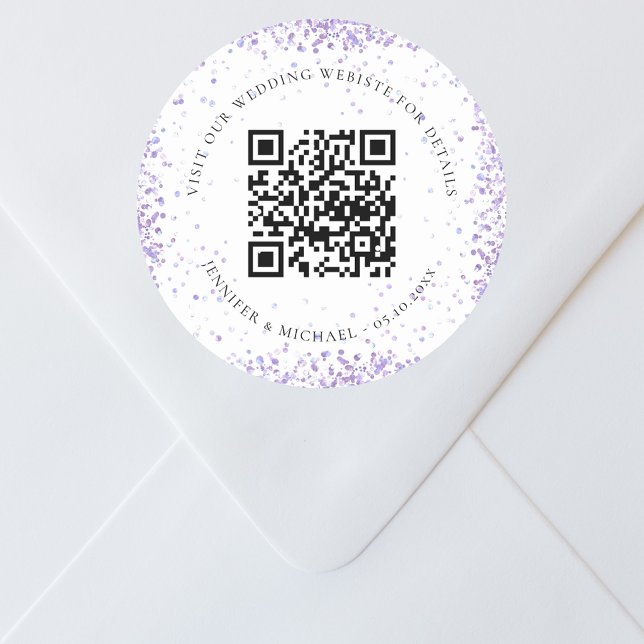 QR-Code der Hochzeitwebsite uAwg violett weiß Runder Aufkleber (Von Creator hochgeladen)