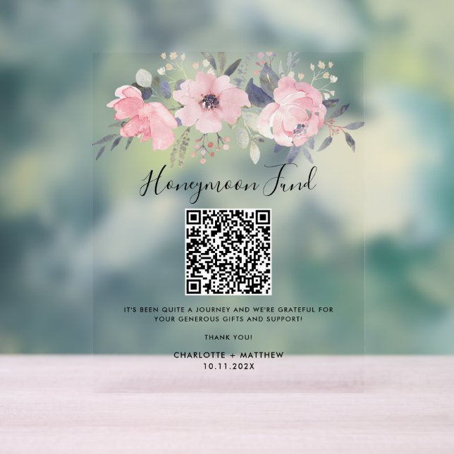 QR-Code des Blumenrosa-Bloom Honeymoon-Fonds Acrylschild (Neutral)