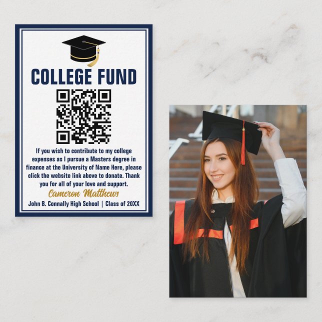 QR-Code des Chic Navy Blue Graduate Foto Uni Fund Begleitkarte (Vorne/Hinten)