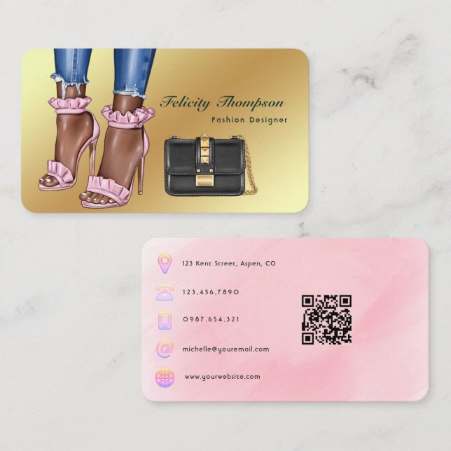 QR-Code des Designers für rosa und goldene Mode Visitenkarte (Vorne/Hinten)