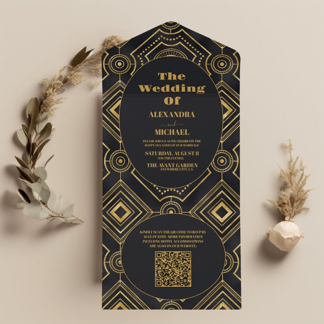 QR Code Diamond Black and Gold Art Deco Wedding All In One Einladung (Von Creator hochgeladen)