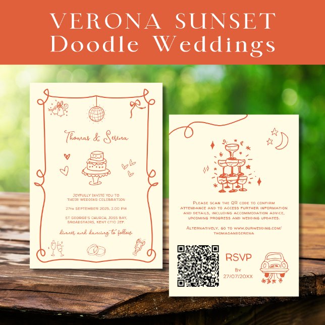 QR Code Doodle Hand gezogen Verona Sunset Orange Einladung (Von Creator hochgeladen)