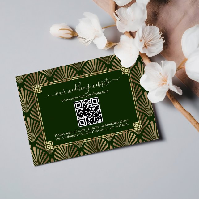QR Code Dunkelgrünes Gold Art Deco Hochzeit RSVP Karte (Von Creator hochgeladen)