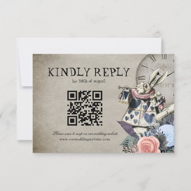 QR Code Dusty Blue Alice im Wunderland Wedding RSVP Karte (Vorderseite)