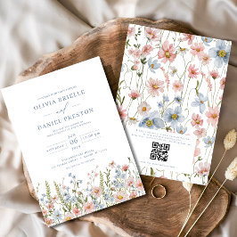 QR Code Dusty Blue Blush Pink Wildblume Hochzeit Einladung
