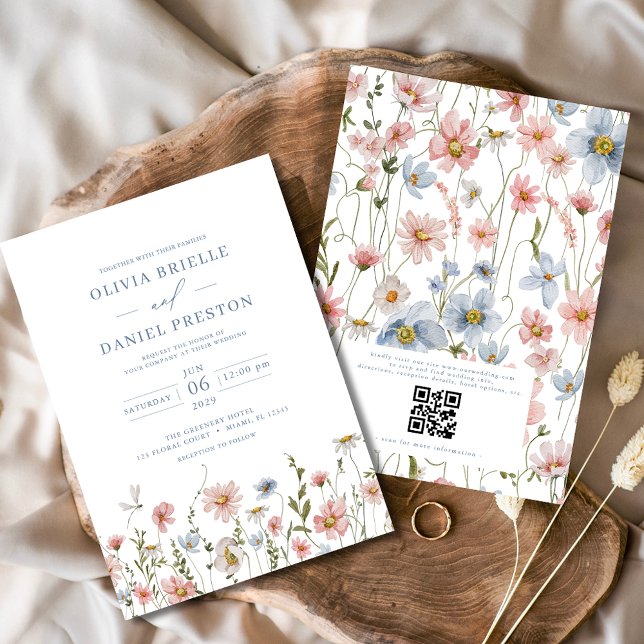 QR Code Dusty Blue Blush Pink Wildblume Hochzeit Einladung (Von Creator hochgeladen)