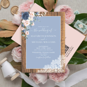 QR Code Dusty Blue Blush Rustic Wood Lace Wedding Einladung