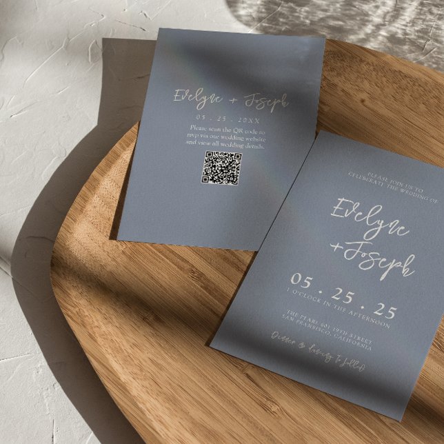 QR Code Dusty Blue Boho Chic Moderne Hochzeit Einladung (Von Creator hochgeladen)