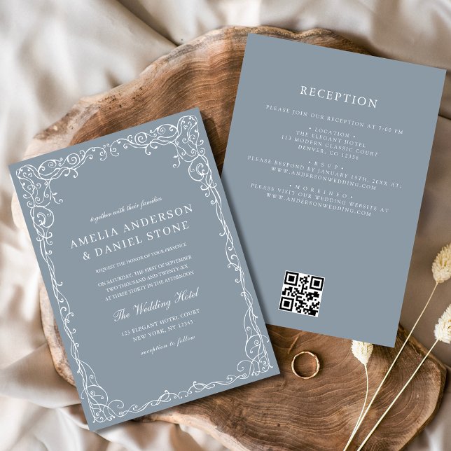 QR Code Dusty Blue Elegant Minimale Hochzeit Einladung (Von Creator hochgeladen)