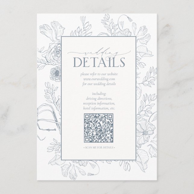 QR Code Dusty Blue Floral Wedding Details Begleitkarte (Vorderseite)