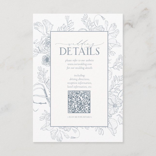 QR Code Dusty Blue Floral Wedding Details Begleitkarte (Vorderseite)