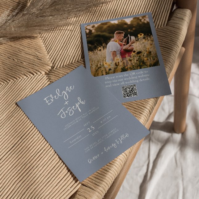 QR Code Dusty Blue Foto Boho Moderne Hochzeit Einladung (Von Creator hochgeladen)