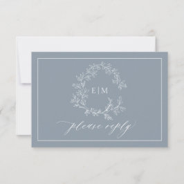 QR Code Dusty Blue Leafy Wappen Monogram Wedding RSVP Karte