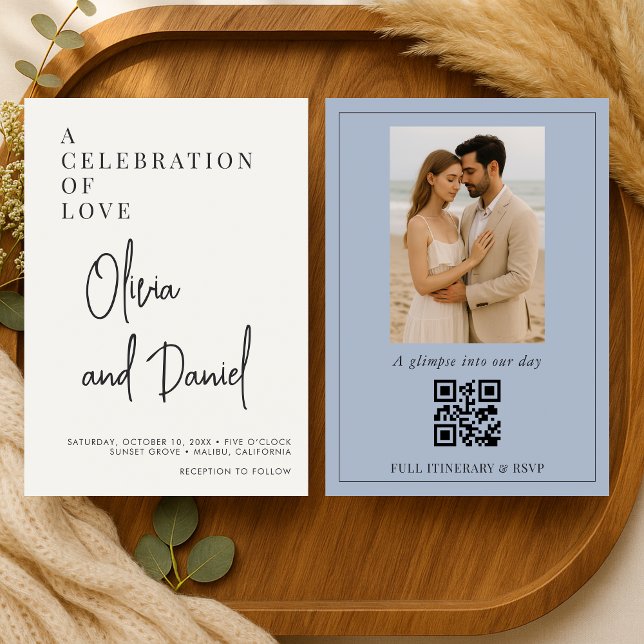 QR Code Dusty Blue Script Photo Wedding Einladung (Von Creator hochgeladen)