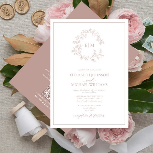 QR Code Dusty Rose Leafy Wappen Monogram Wedding Einladung (Von Creator hochgeladen)