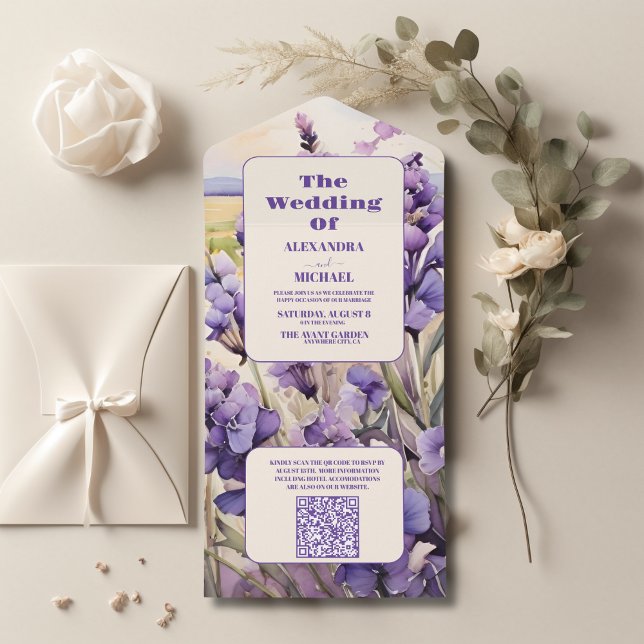 QR Code Einzigartige Blumen-Lavendel-Hochzeit All In One Einladung (Von Creator hochgeladen)