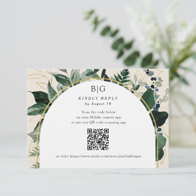 QR-Code Elegant Beige Moderne botanische Vegetatio RSVP Karte (Stehend Vorderseite)