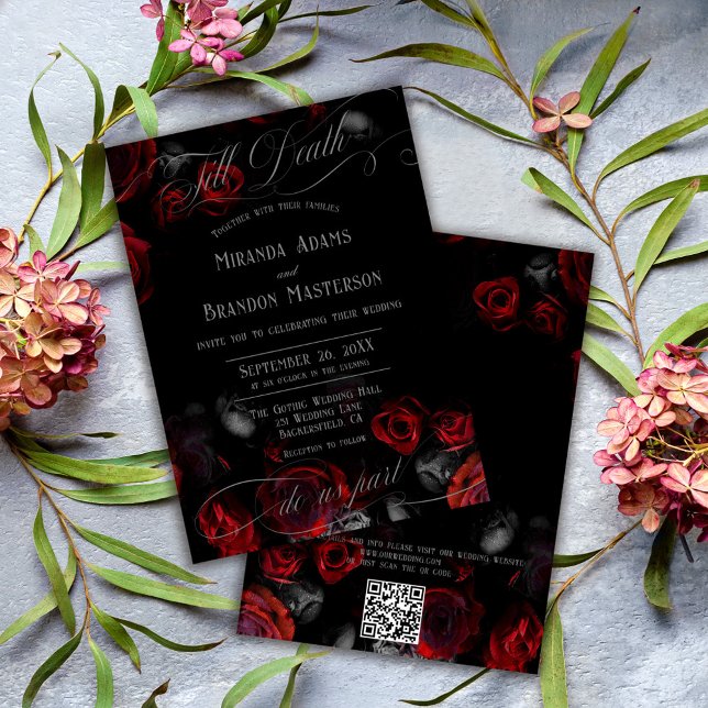 QR Code Elegant Black and Red Floral Wedding Einladung (Von Creator hochgeladen)