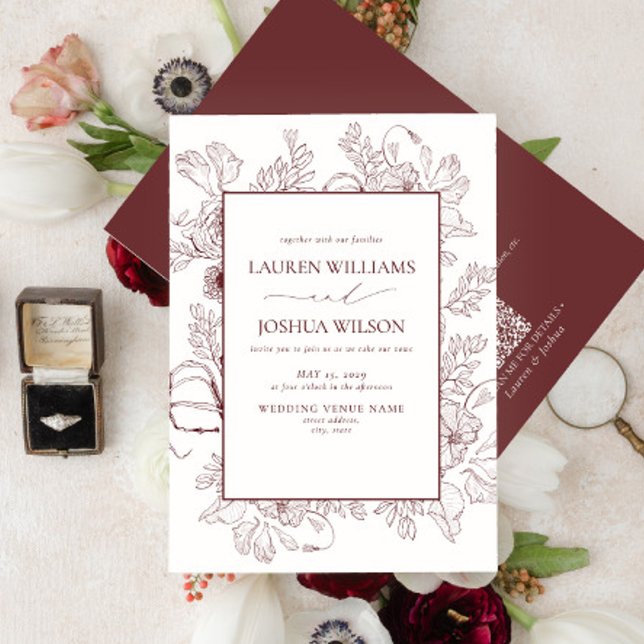 QR Code Elegant Burgund Blumengestein Art Hochzeit Einladung (Von Creator hochgeladen)