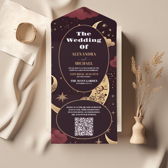 QR Code Elegant Burgundy Gold Celestial Wedding All In One Einladung (Von Creator hochgeladen)