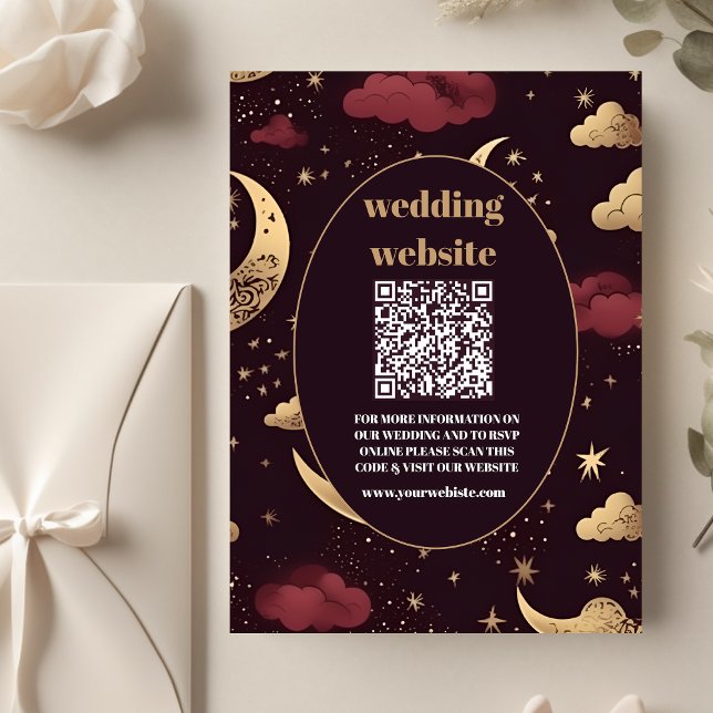 qr code Elegant Burgundy Gold Celestial Wedding Begleitkarte (Von Creator hochgeladen)