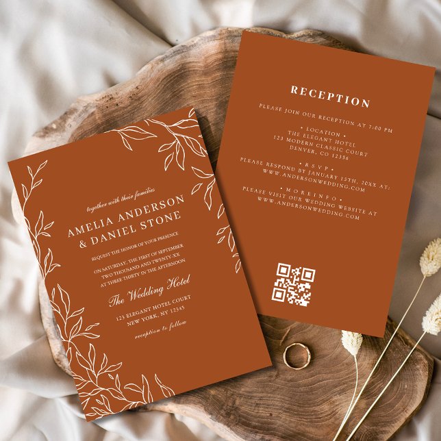 QR Code Elegant Burnt Orange Minimal Leaf Hochzeit Einladung (Von Creator hochgeladen)