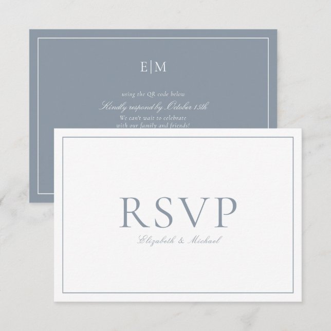QR Code Elegant Dusty Blue Monogram Wedding RSVP Karte (Vorne/Hinten)