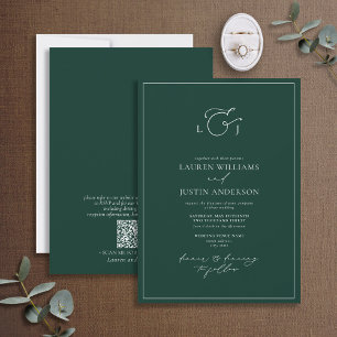 QR Code Elegant Emerald Green Calligraphy Monogram Einladung