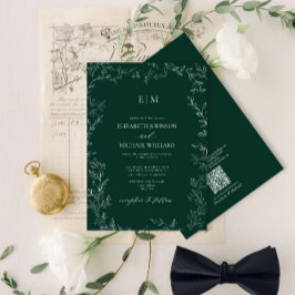 QR Code Elegant Emerald Green Monogram Wedding Einladung
