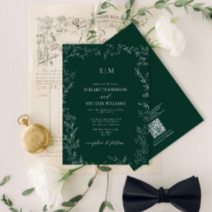 QR Code Elegant Emerald Green Monogram Wedding Einladung