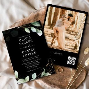 QR Code Elegant Eukalyptus Black Foto Wedding Einladung