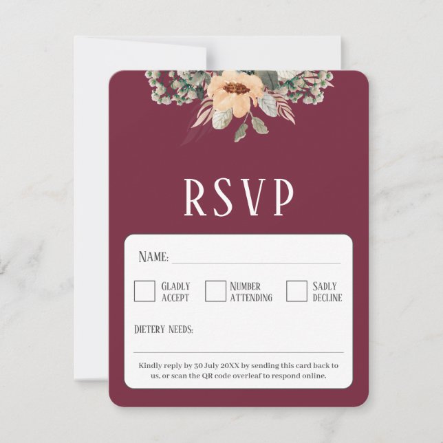 QR Code elegant floralbordeauxrot RSVP Karte (Vorderseite)