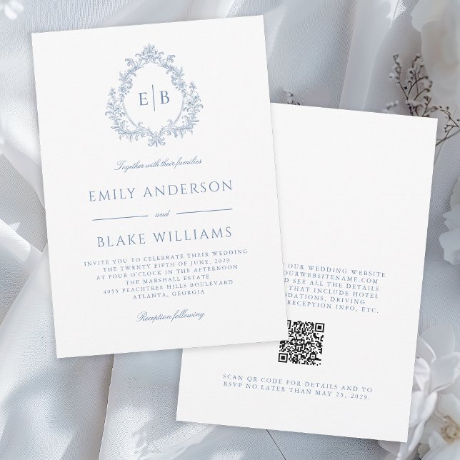 QR Code Elegant Formal Dusty Blue Wedding Wappen Einladung (Available in both printed and instant download digital formats.)