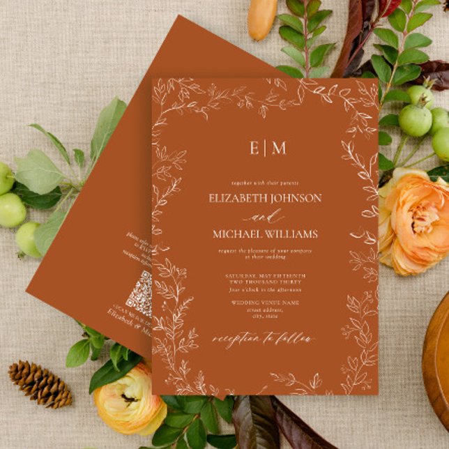 QR Code Elegant Leaf Burnt Orange Monogram Wedding Einladung (Von Creator hochgeladen)