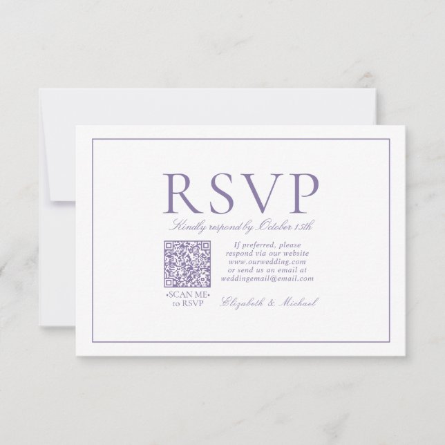 QR Code Elegant Lilac Lavender Classic Script RSVP Karte (Vorderseite)