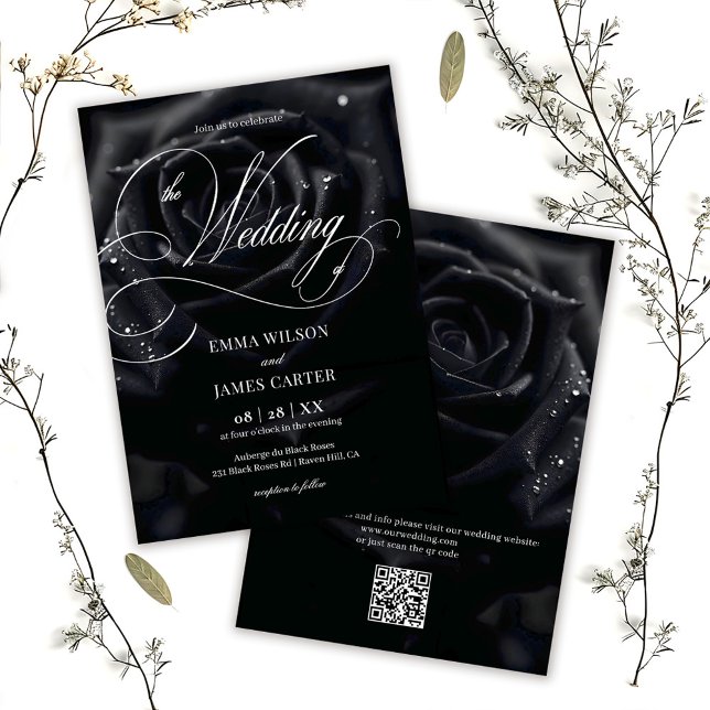 QR Code Elegant Midnight Rose Calligraphy Wedding Einladung (Von Creator hochgeladen)